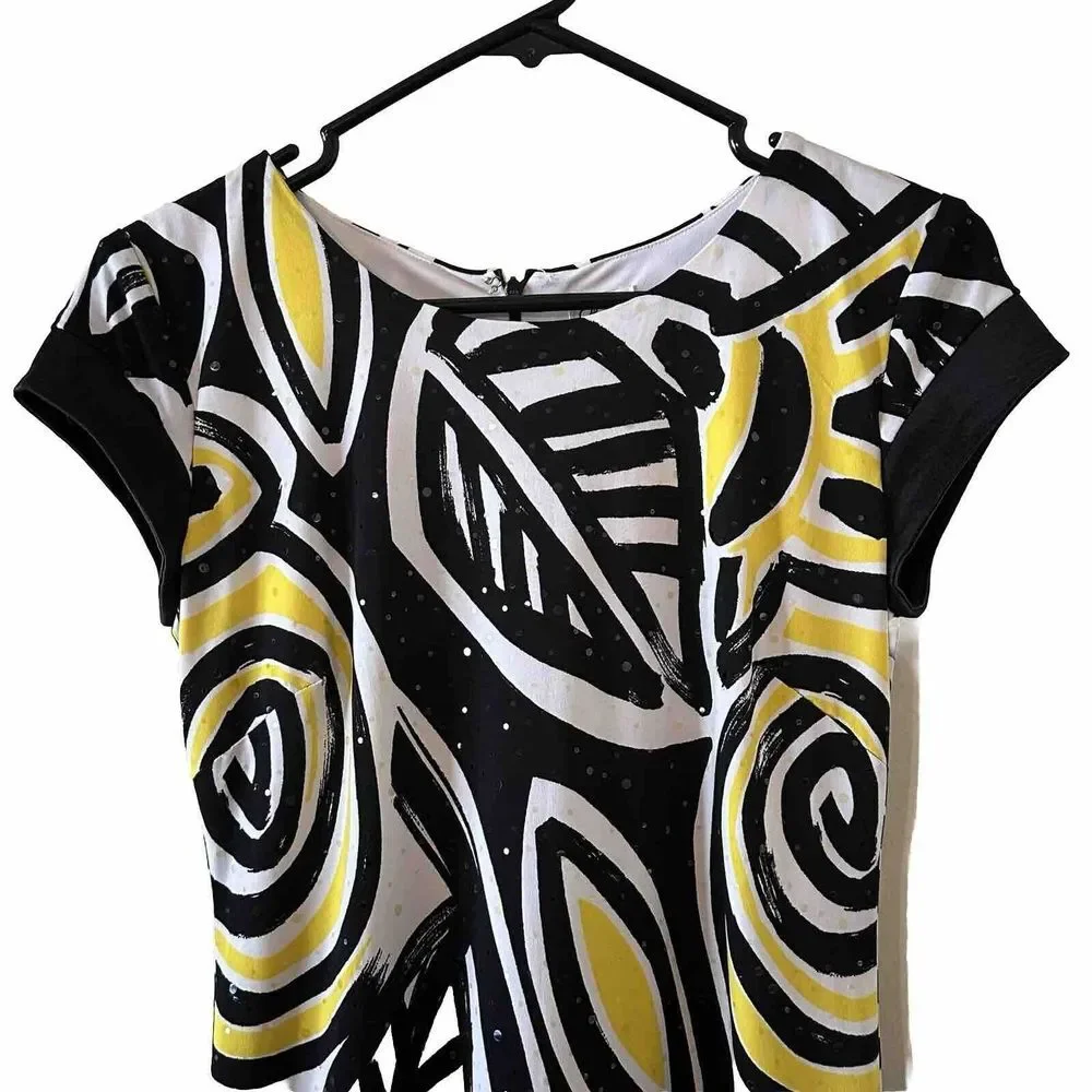 Cache Black White Yellow Leaf Short Sheath Lined Dress Sequin Size 4 *READ* - Picture 2 of 12